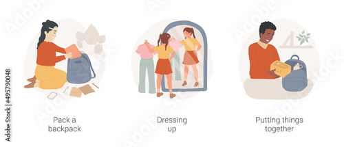 Morning school preparations isolated cartoon vector illustration set. Child packing backpack, get dressed for school, putting things together, make lunchbox, morning preparation vector cartoon.