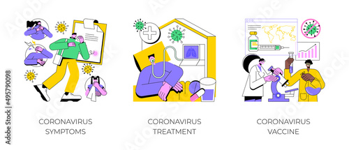 Covid19 pandemic abstract concept vector illustration set. Coronavirus symptoms, treatment and vaccine, intensive therapy, wearing a mask, lung ventilation, fever and cough abstract metaphor.