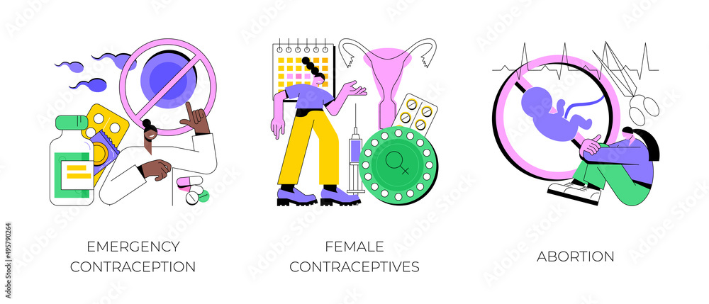 Pregnancy planning abstract concept vector illustration set. Emergency contraception, female contraceptives, abortion, oral hormonal pill, fertility control, ultrasound diagnostic abstract metaphor.