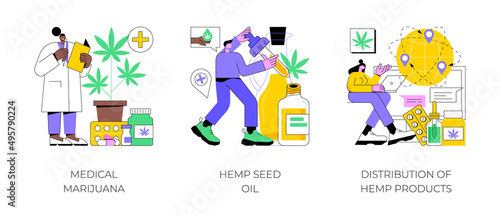 Medical cannabis abstract concept vector illustration set. Medical marijuana, hemp seed oil, hemp products distribution, cancer pain and inflammation relief, sativa plant pharmacy abstract metaphor.