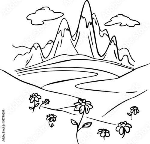 road leading to high mountains hand draw vector illustration