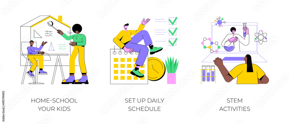 Distance learning abstract concept vector illustration set. Home-school your kids, set up daily schedule, STEM activities, quarantine daily routine, remote home education, pandemic abstract metaphor.