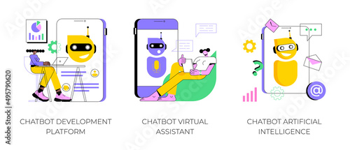 Chatbot programming abstract concept vector illustration set. Chatbot development platform, virtual assistant and Artificial Intelligence, wireframe, machine learning service abstract metaphor.