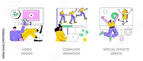 Video post production abstract concept vector illustration set. Video design, computer animation, special effects design, editing software, cartoon character, computer game art abstract metaphor.