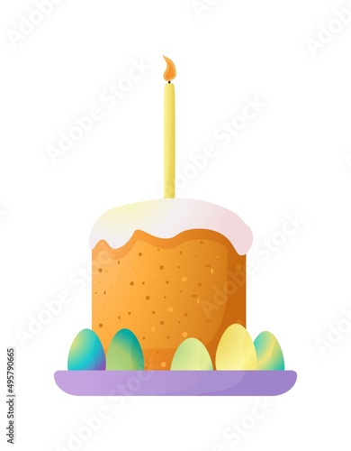 Vector illustration with a cake and eggs. Spring decor. The concept of celebrating happy Easter. Simple cartoon style for logos, banners, posters, backgrounds, stickers, printing.