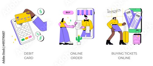 Online payment abstract concept vector illustration set. Debit card, online order, buying tickets, plastic money, buying goods on internet, e-commerce shopping, booking mobile app abstract metaphor.