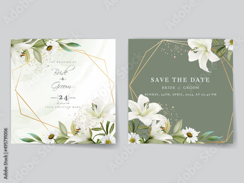 Elegant wedding invitations card with white lily watercolor design Fototapet