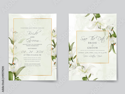 Elegant wedding invitations card with white lily watercolor design