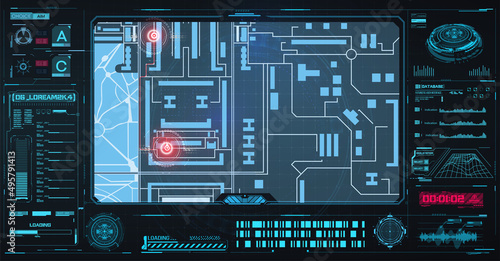 Cyber design, futuristic security spyware interface. Dynamic modern HUD. GPS orientation of the road map of city streets. GPS location tracking or scanning software. Vector illustration