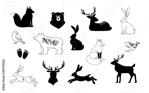 Linear vector collection of animals and birds. Wild forest animal (rabbit, bear, fox, bird, swallow). Monoline logos with floral elements. Perfect for logo, shops, cards, branding, social media etc