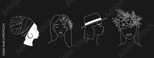 Linear vector collection of women portraits ( black woman, floral, flowers, hat, bouquet). 4 woman logotypes in monoline style. Perfect for logo, shops, cards, branding, social media et