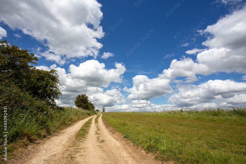 Empty road in the field, footpath under the blue sky, outdoor lifestyle