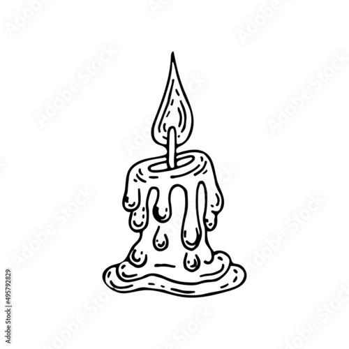 Burning candle line. A paraffin candle melts from the flame. Retro lighting. Hand drawn vector doodle illustration. Simple outline element.