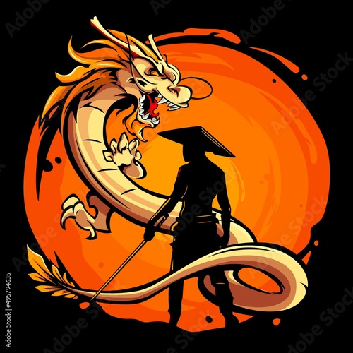 Vector illustration of a swordsman facing a dragon