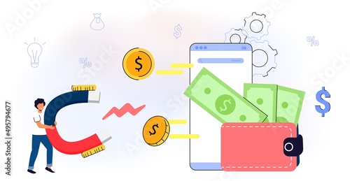 Monetization concept Flat tiny persons vector illustration Online e-commerce marketer analyzing blog content and generating income with ad placements and sponsor partnerships Monetize data services