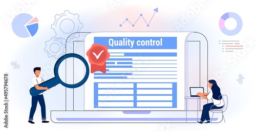 Quality control and product satisfaction research check Controlling business iso standard certificate accept Validation documents Inspection errors or mistakes Vector illustration concept Flat style