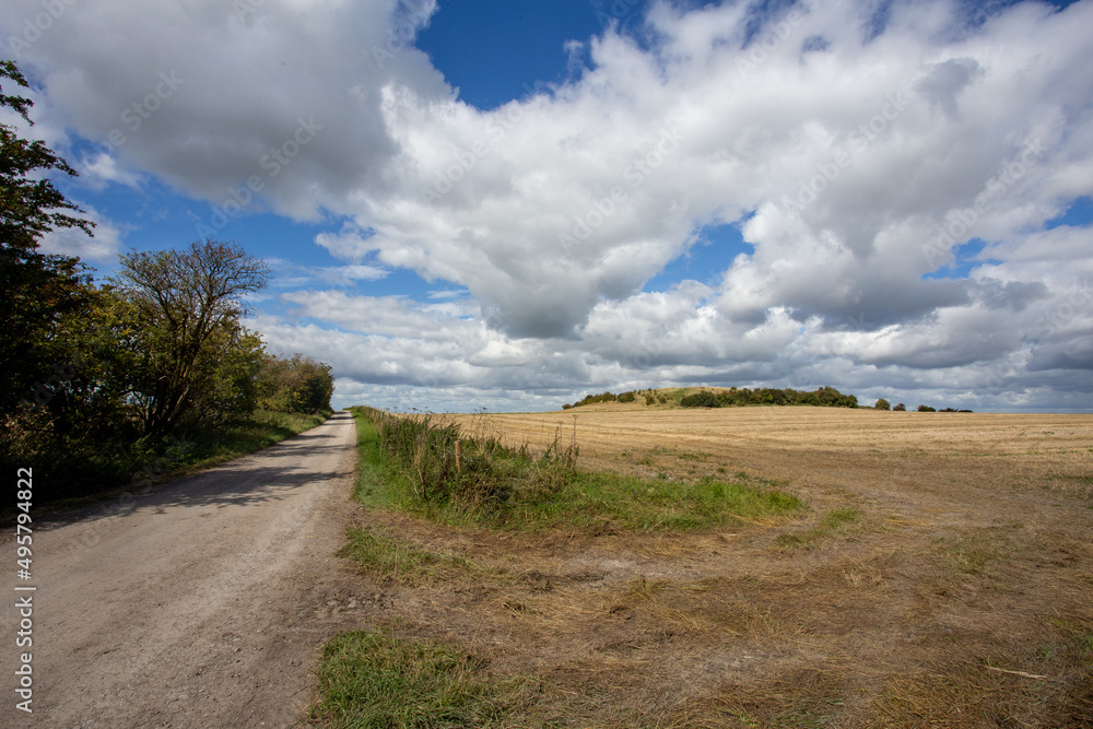 Empty road in the countryside, footpath under blue sky