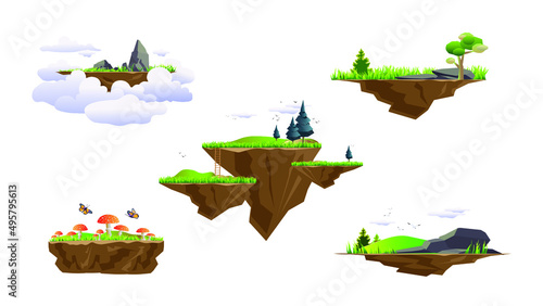 Set of game elements. The platforms with grass, flowers, trees, bushes, mushrooms, butterflies, mountains and flying on the clouds, others. Vector drawings for mobile games.