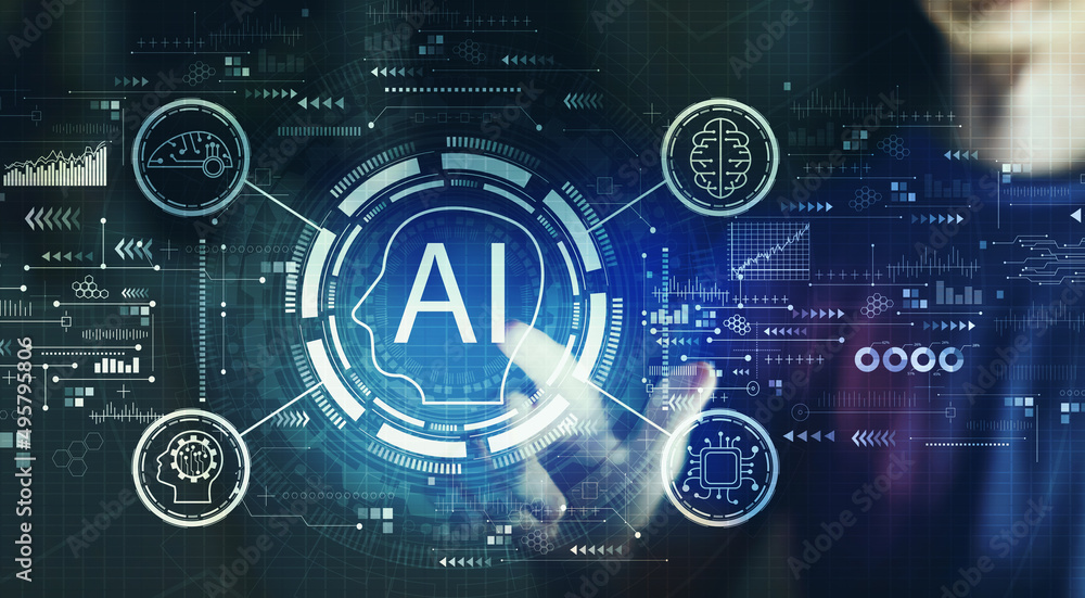 AI concept with young man touching a digital screen at night AI concept with young man touching a digital screen at night