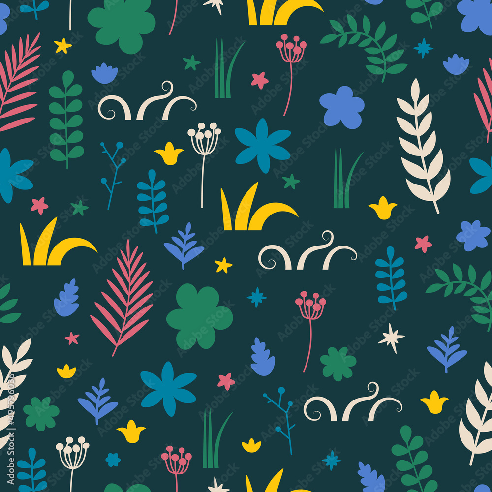 Vector seamless floral pattern. Repeating elements - branches, leaves, flowers and buds. Dark background.