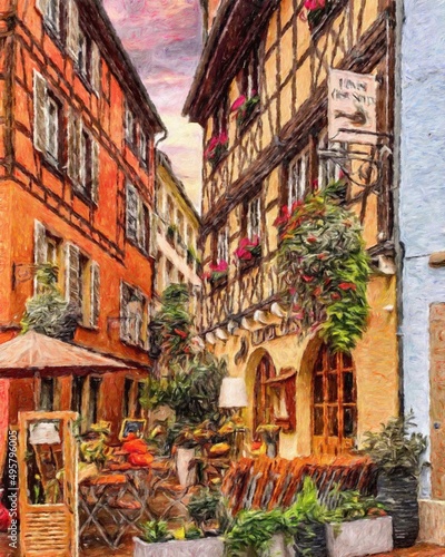 Colorful painting modern artistic artwork, real brush strokes, drawing in oil European famous old street view, beautiful old vintage houses, design print for canvas or paper poster, touristic product