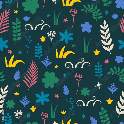 Vector seamless floral pattern. Repeating elements - branches, leaves, flowers and buds. Dark background.