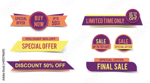 Set of Sale tags or banners in summer colors, special offer headers, discount stickers. Vector elements for website design