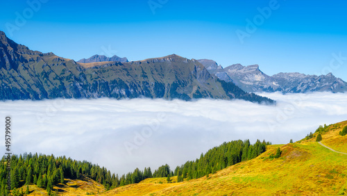 Nature. Mountain range through the clouds. Field and forest. Landscape in the...
