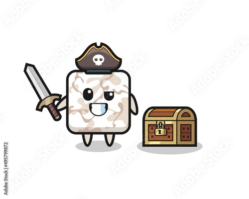 the ceramic tile pirate character holding sword beside a treasure box