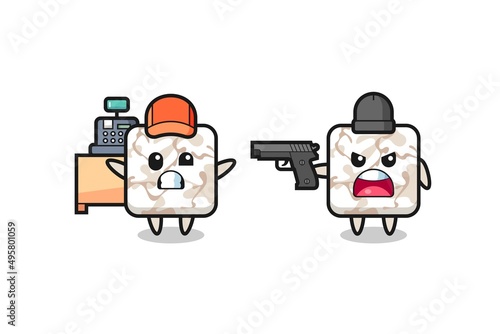 illustration of the cute ceramic tile as a cashier is pointed a gun by a robber