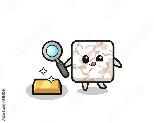 ceramic tile character is checking the authenticity of the gold bullion