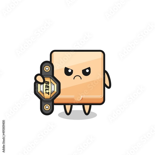 pizza box mascot character as a MMA fighter with the champion belt