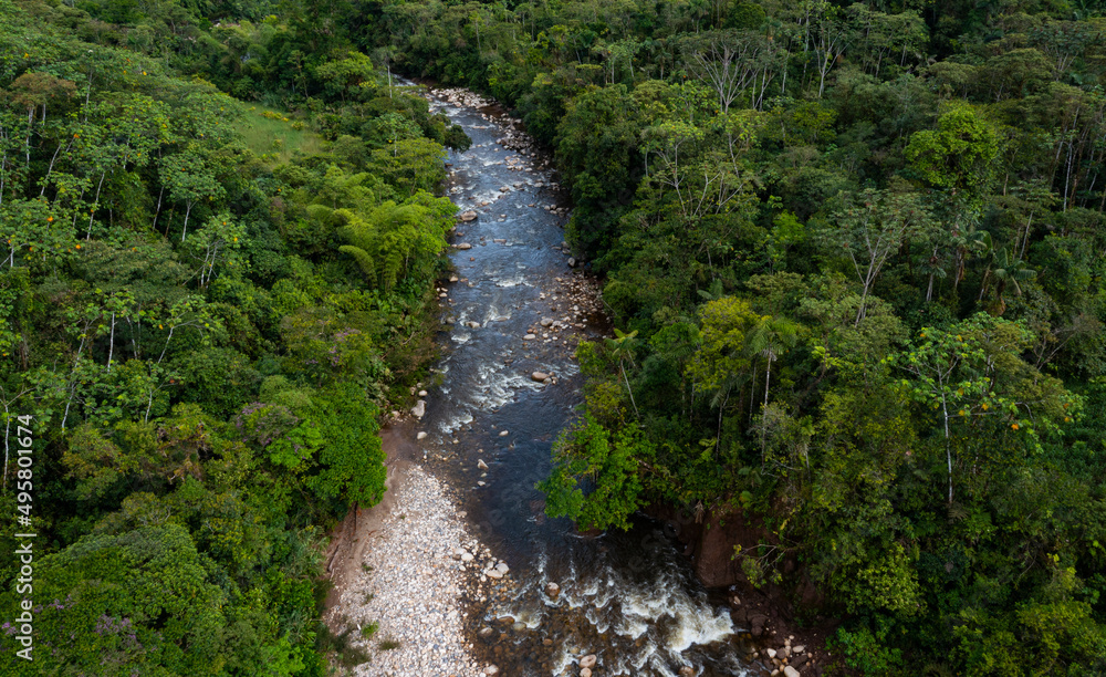 Aerial photo of a small dark colored stream in a secondary tropical forest