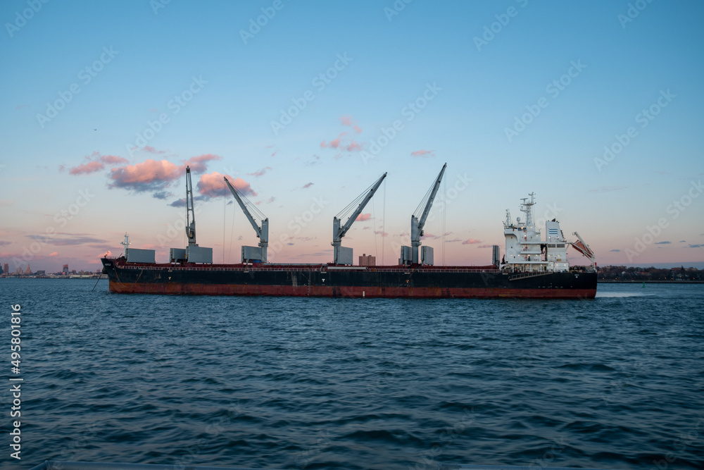Freighter sailing in New York harbor