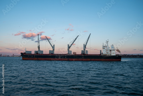 Freighter sailing in New York harbor