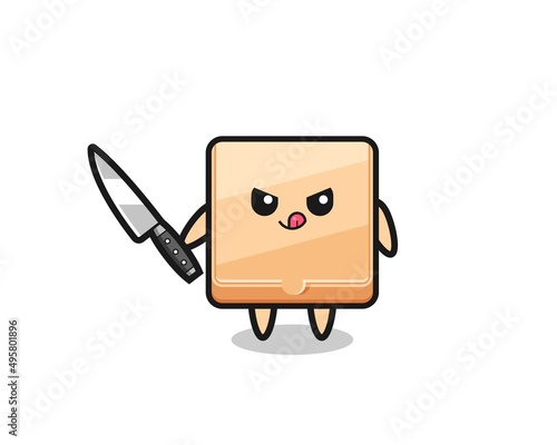 cute pizza box mascot as a psychopath holding a knife