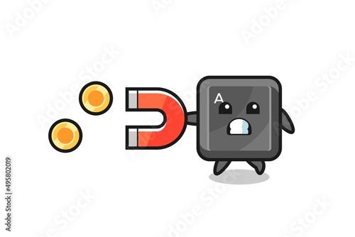 the character of keyboard button hold a magnet to catch the gold coins