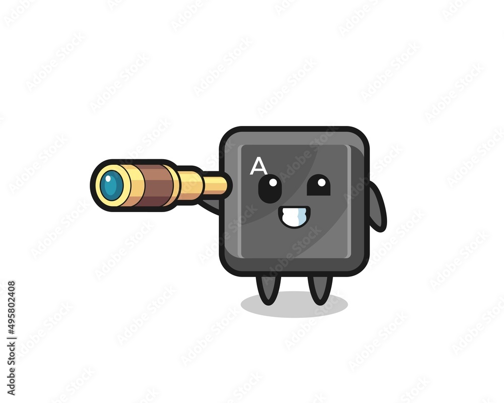 cute keyboard button character is holding an old telescope