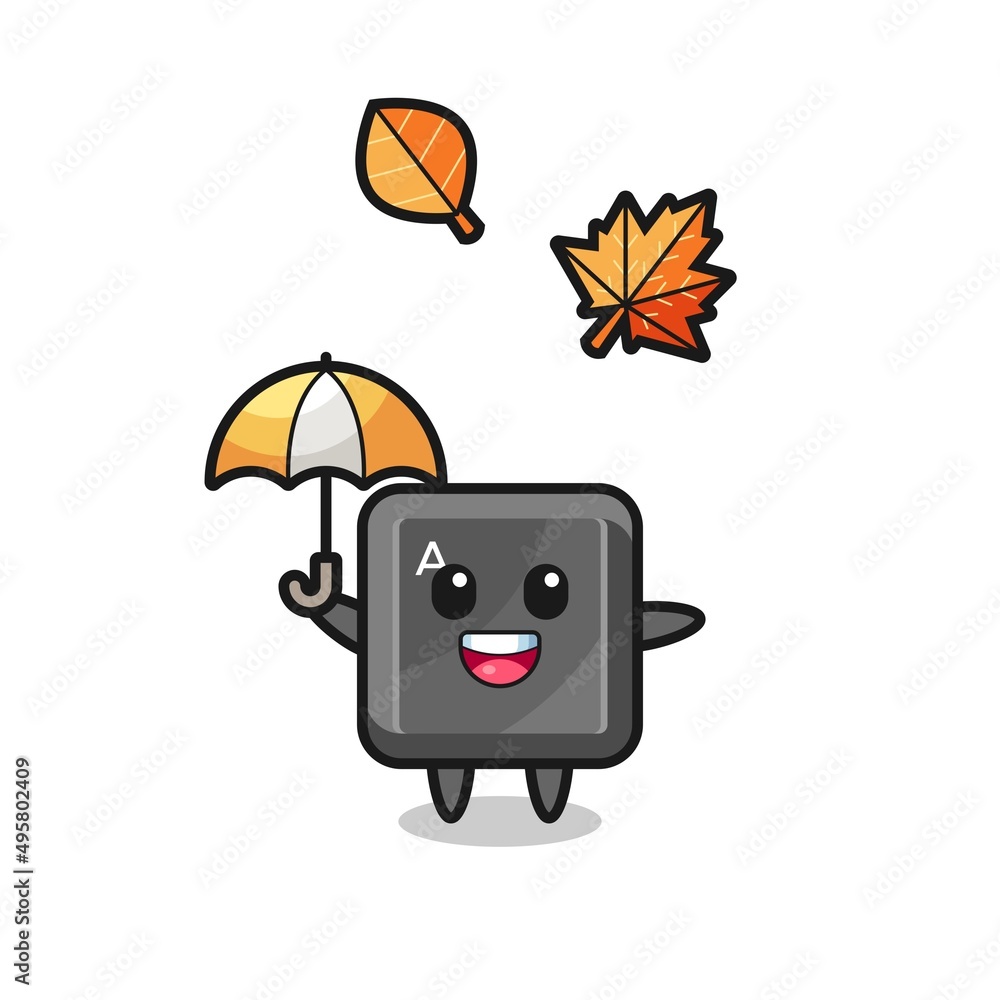 cartoon of the cute keyboard button holding an umbrella in autumn