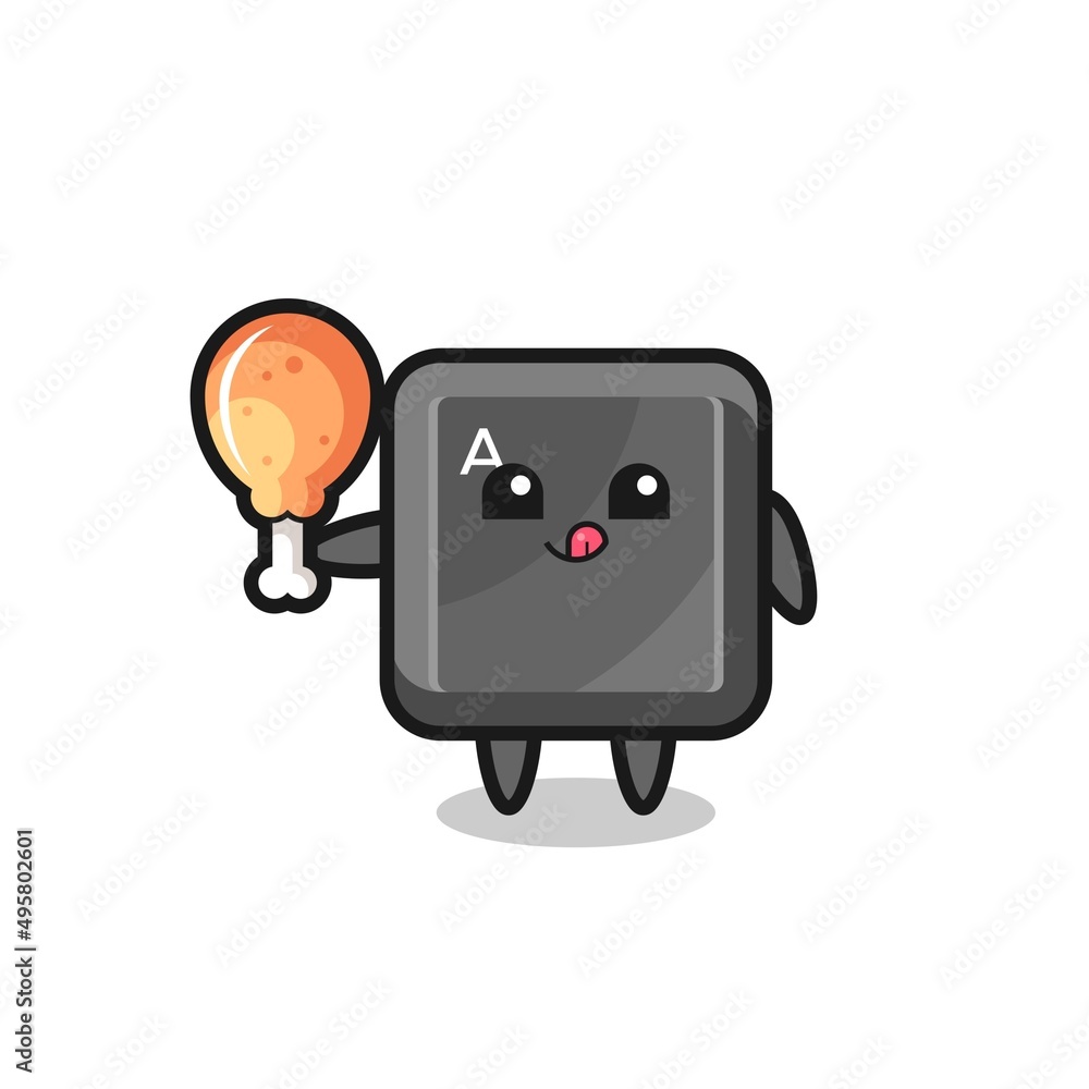 keyboard button cute mascot is eating a fried chicken