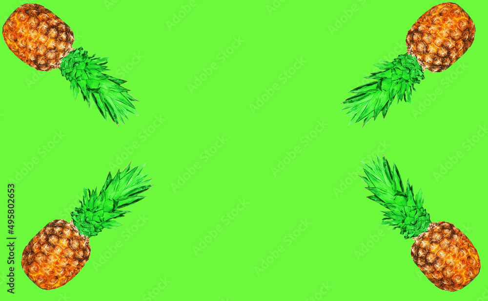 Fototapeta premium Pineapple on green background, exotic pattern, colorful ananas