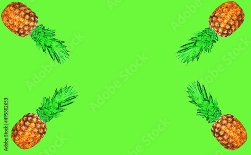 Pineapple on green background  exotic pattern  colorful ananas