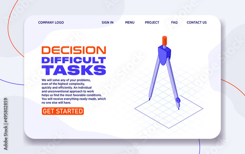 The compass draws a square in isometric projection on a sheet of paper. Support website landing page. The concept of solving problems of any complexity or contradiction. We do the impossible. Vector