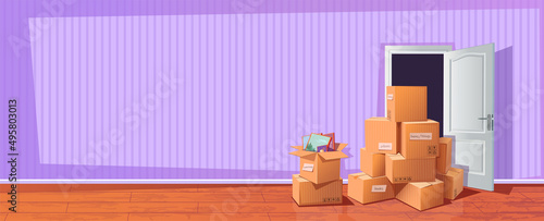 Delivery service concept. Express Mail. The family moves to a new house they bought. Boxes with things on a background of purple wallpaper. Rental or renovation of premises. Vector illustration. 