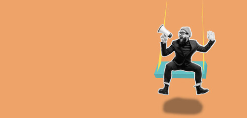 Funny portrait of an emotional jumping guy with a megaphone. Collage in magazine style. Flyer with trendy colors, advertising copy space. Discount, sale season. Information concept. Attention news!