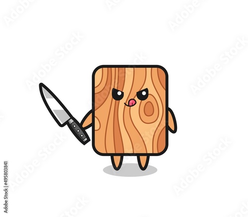 cute plank wood mascot as a psychopath holding a knife