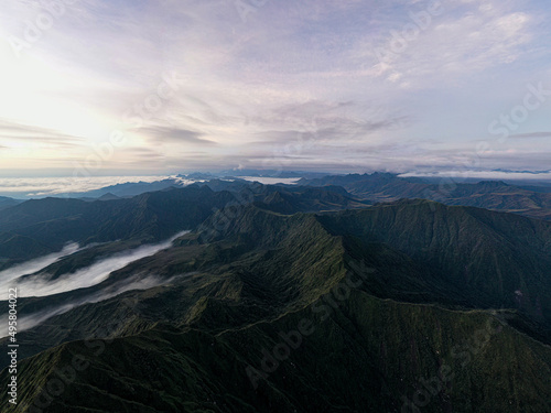 Aerial panorama during sunrise showing a beautiful mountain: the cordillera of the andes running throughout south america