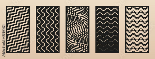 Laser cut pattern collection. Vector set of panels with geometric ornaments, wavy lines, stripes, halftone, abstract grid. Template for cnc cutting of wood, metal, paper, plastic. Aspect ratio 1:2