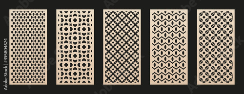 Laser cut patterns set. Vector design with simple floral geometric ornament, abstract grid, mesh, curved shapes. Template for cnc cutting, decorative panels of wood, metal, paper. Aspect ratio 1:2