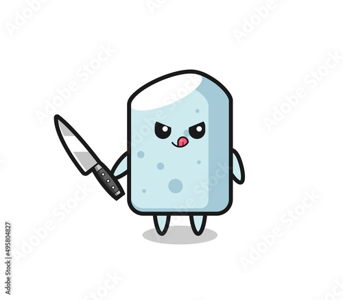 cute chalk mascot as a psychopath holding a knife